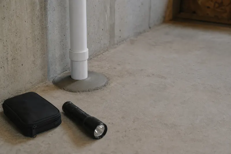Rör och genomföringar i en källare där vatten och radon kan komma in
