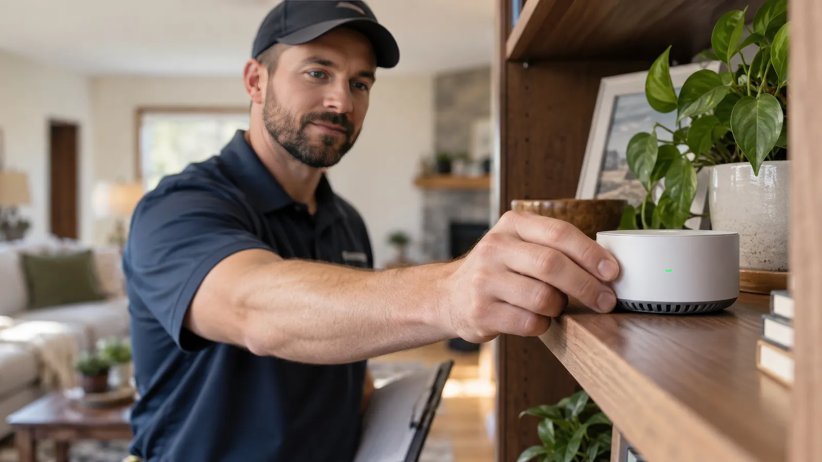En tekniker placerar en radonmätare i ett hus i Örebro